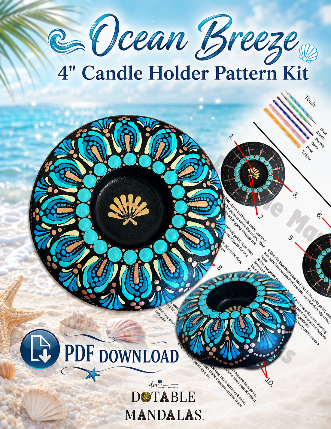 Ocean Breeze 4" Candle Holder Dot-Painting Pattern – PDF Download