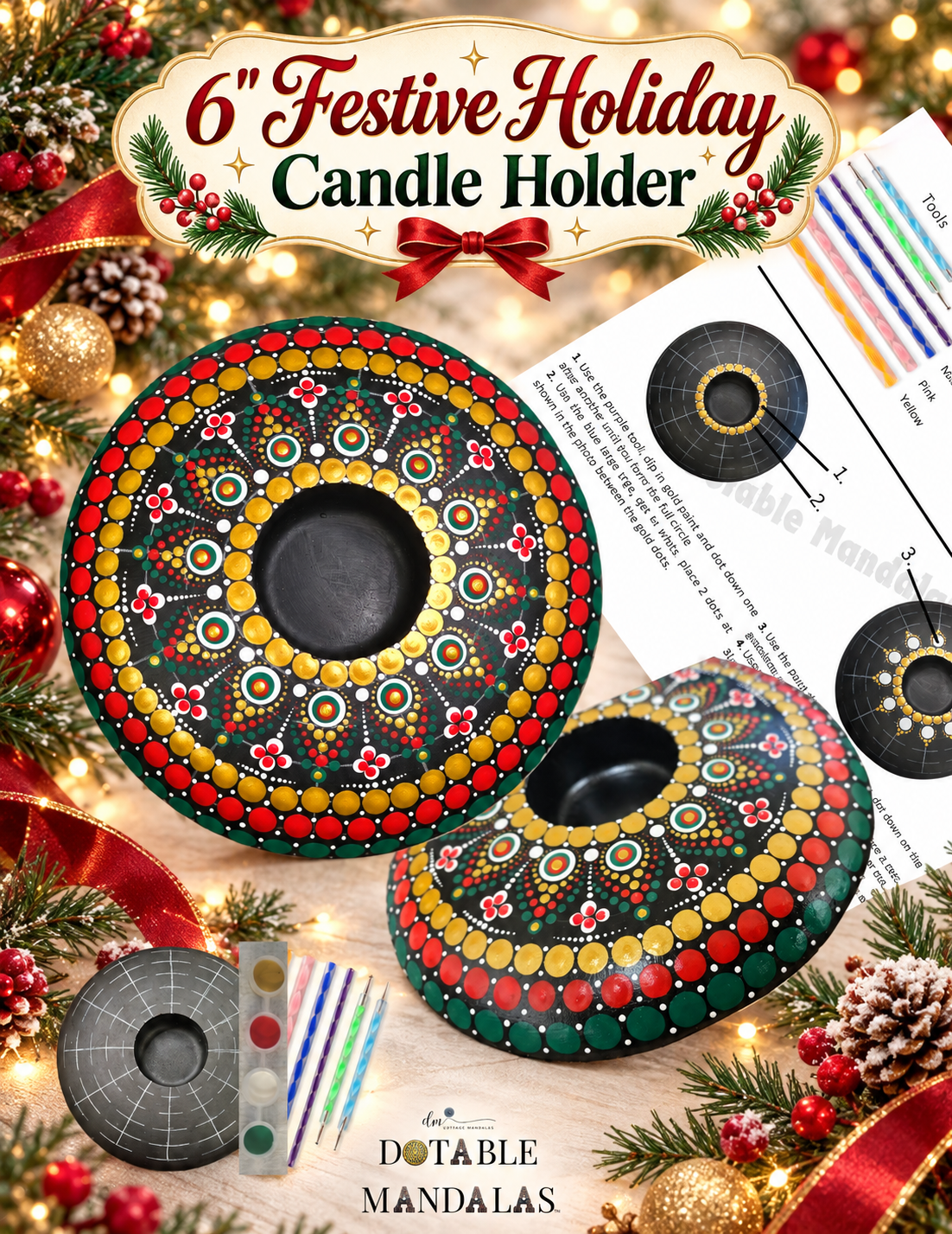 Festive Holiday 6" Candle Holder Dot-Painting Pattern Kit