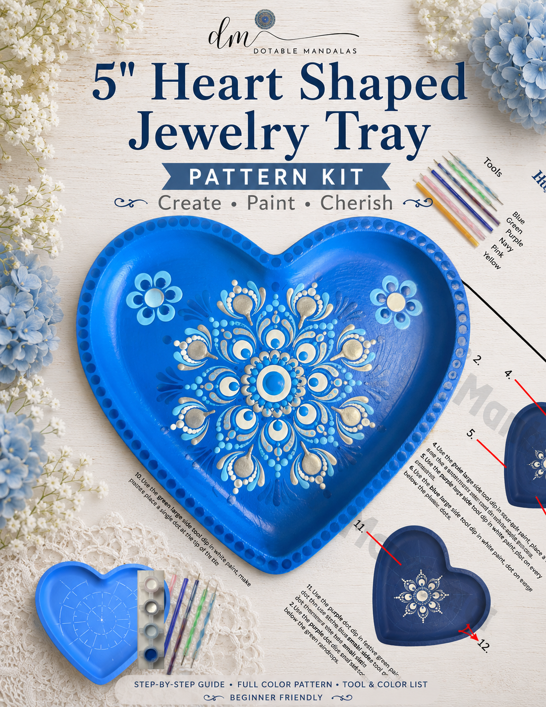 Blue Serenity Heart Jewelry Tray Dot-Painting Pattern Kit