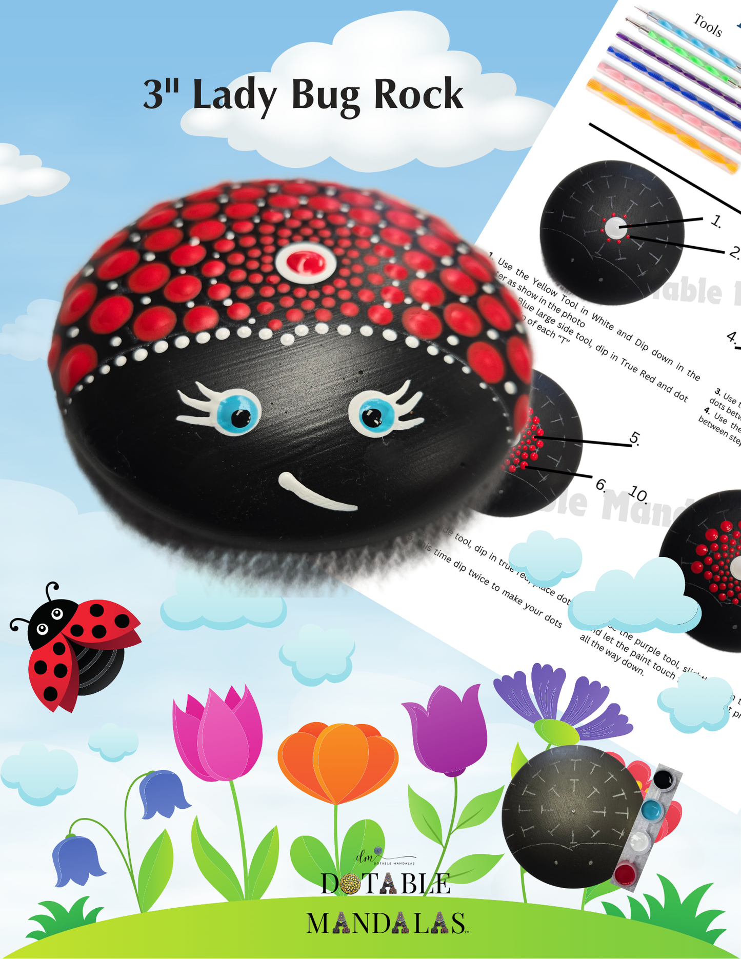Lady Bug 3" Rock Dot-Painting Pattern Kit