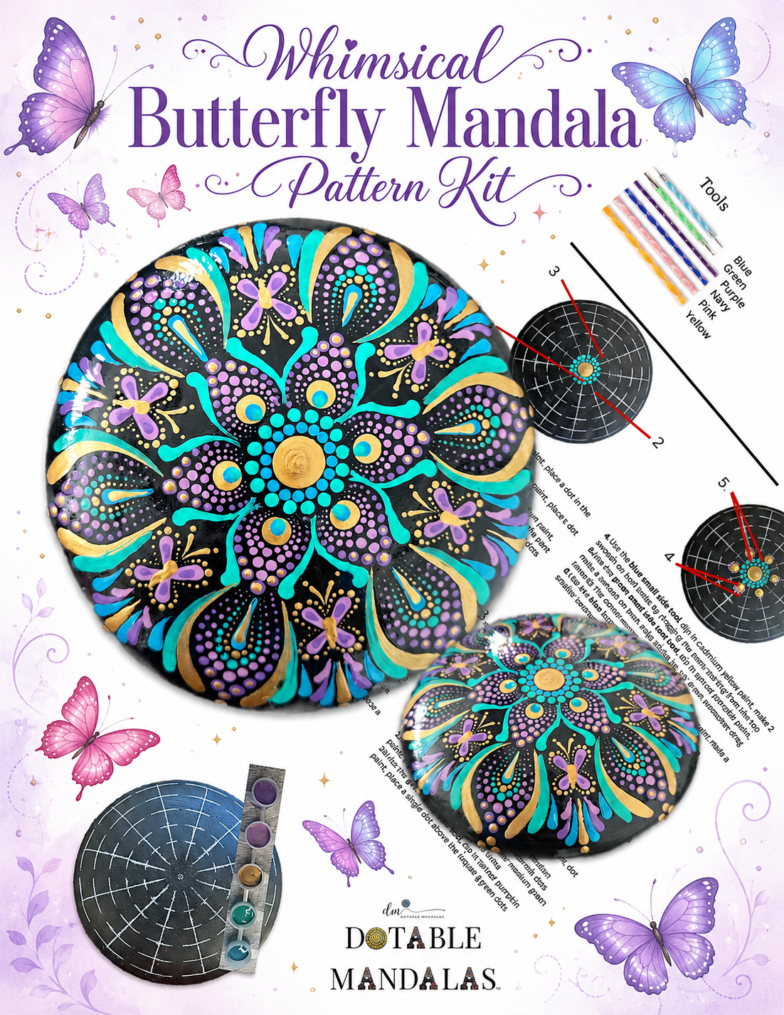 Whimsical Butterfly Mandala – 5" Rock Dot-Painting Kit