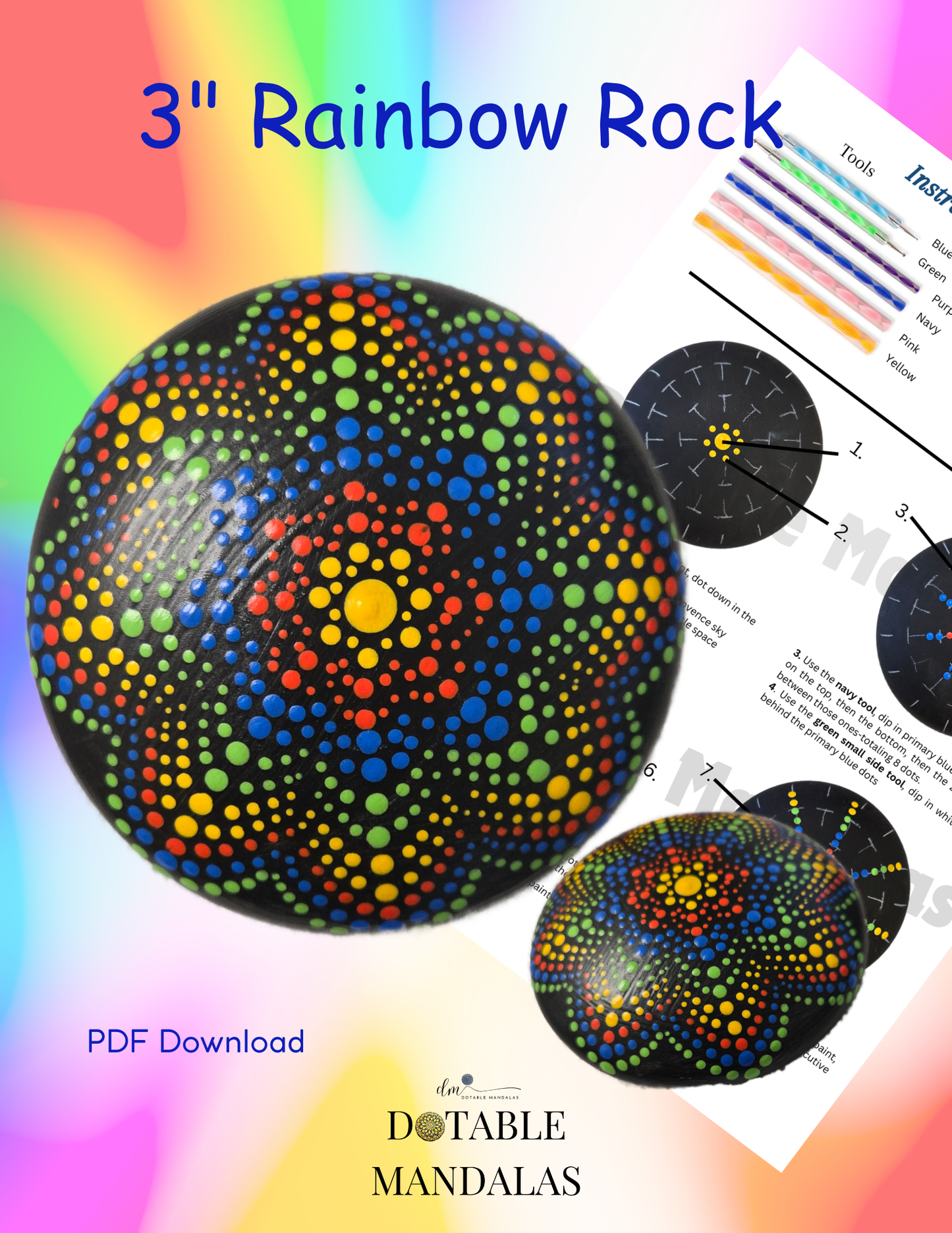 3" Rainbow Rock Dot-Painting Pattern-PDF Download