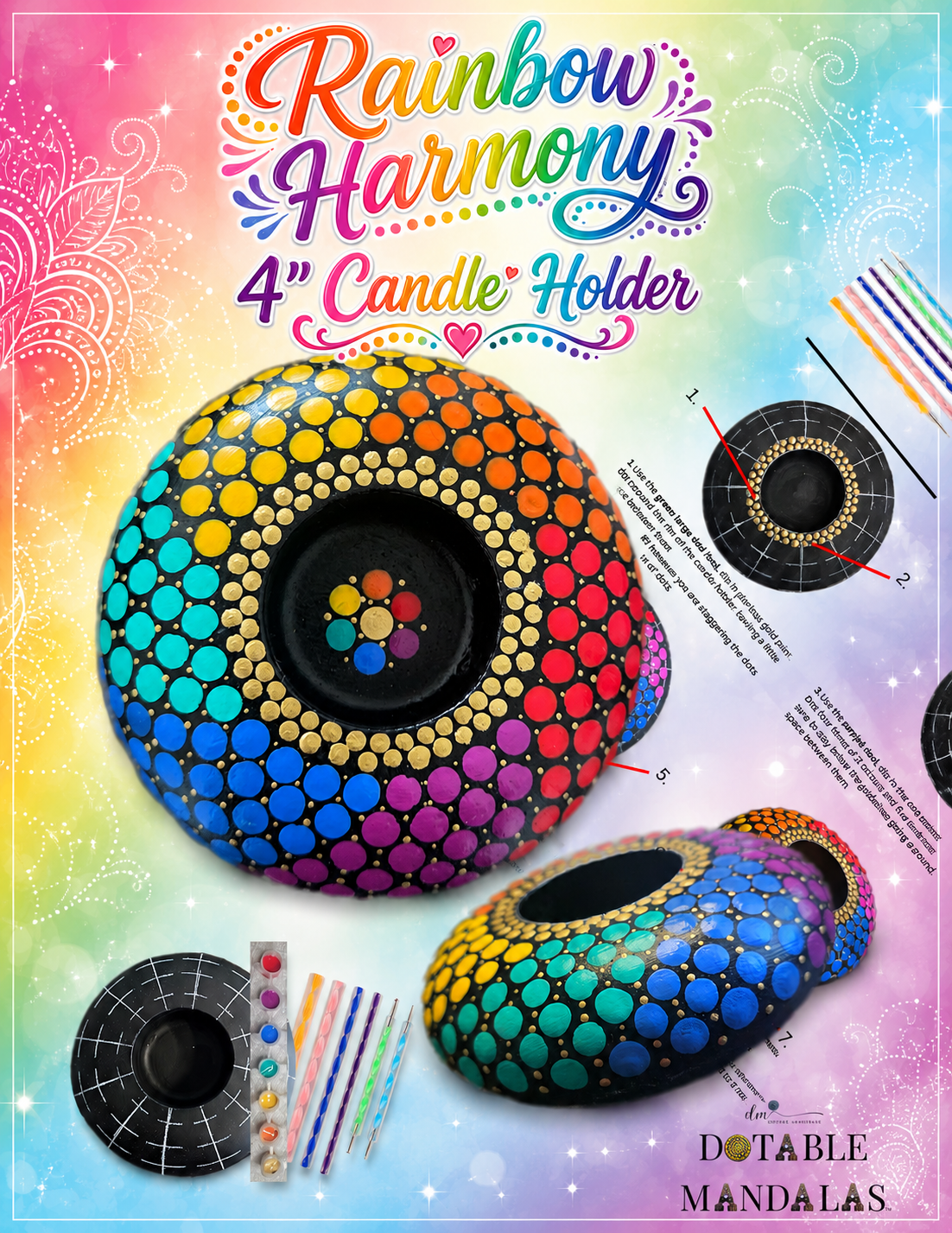 Rainbow Harmony 4" Candle Holder Dot-Painting Pattern Kit