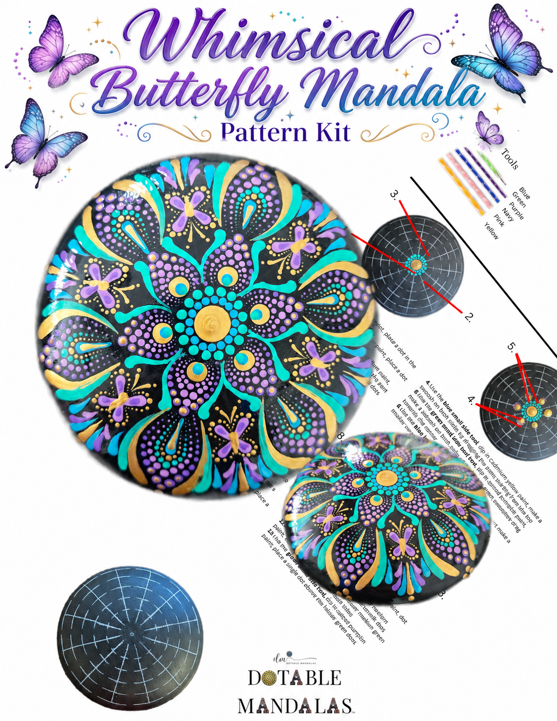 Whimsical Butterfly Mandala – 5" Rock Dot-Painting Kit