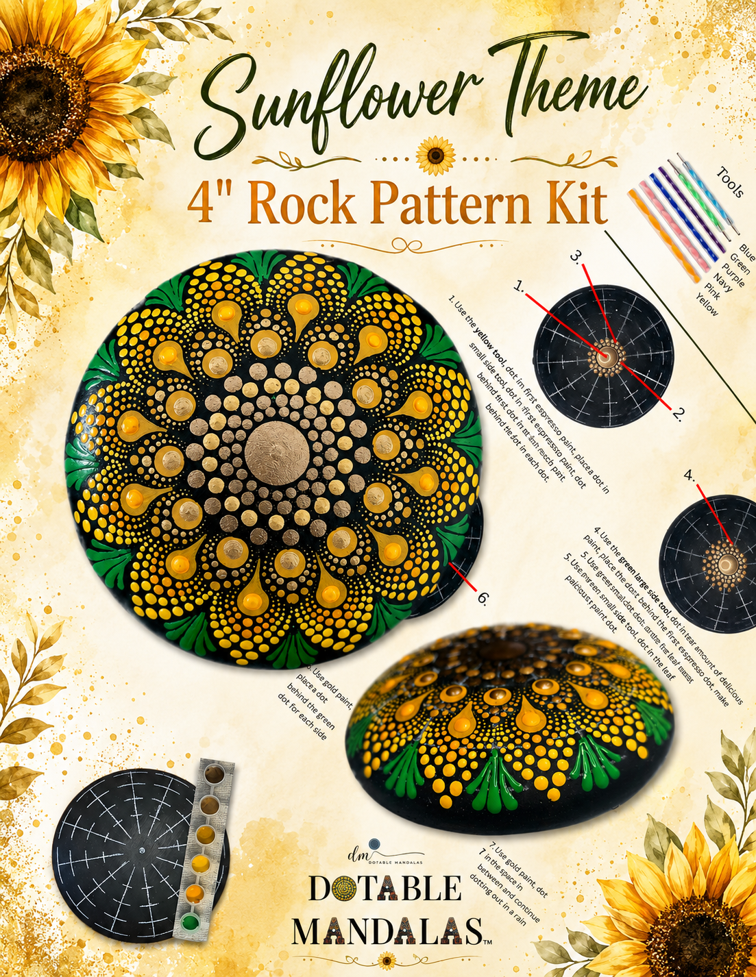 Sunflower Theme 4" Rock Dot-Painting Pattern Kit
