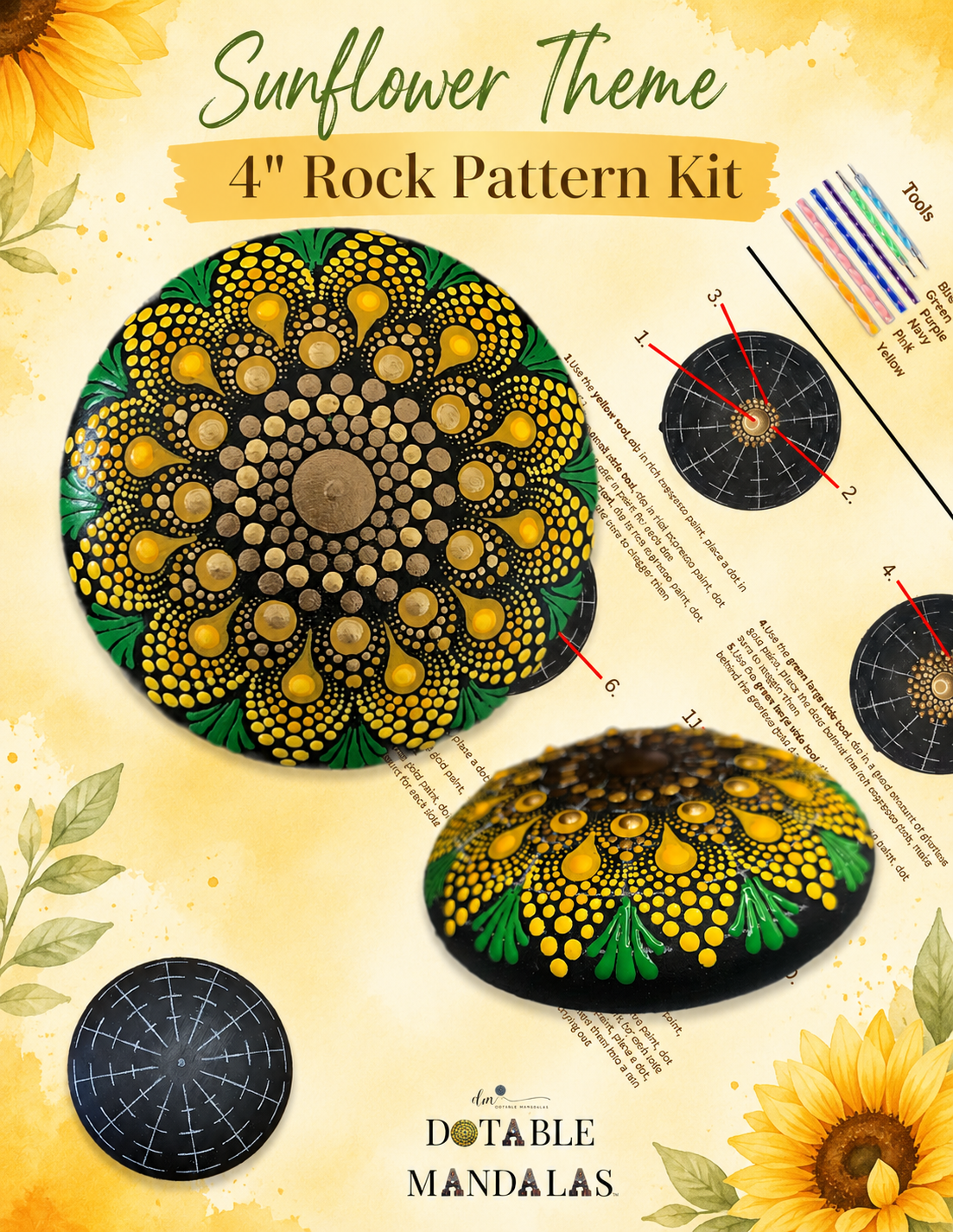Sunflower Theme 4" Rock Dot-Painting Pattern Kit