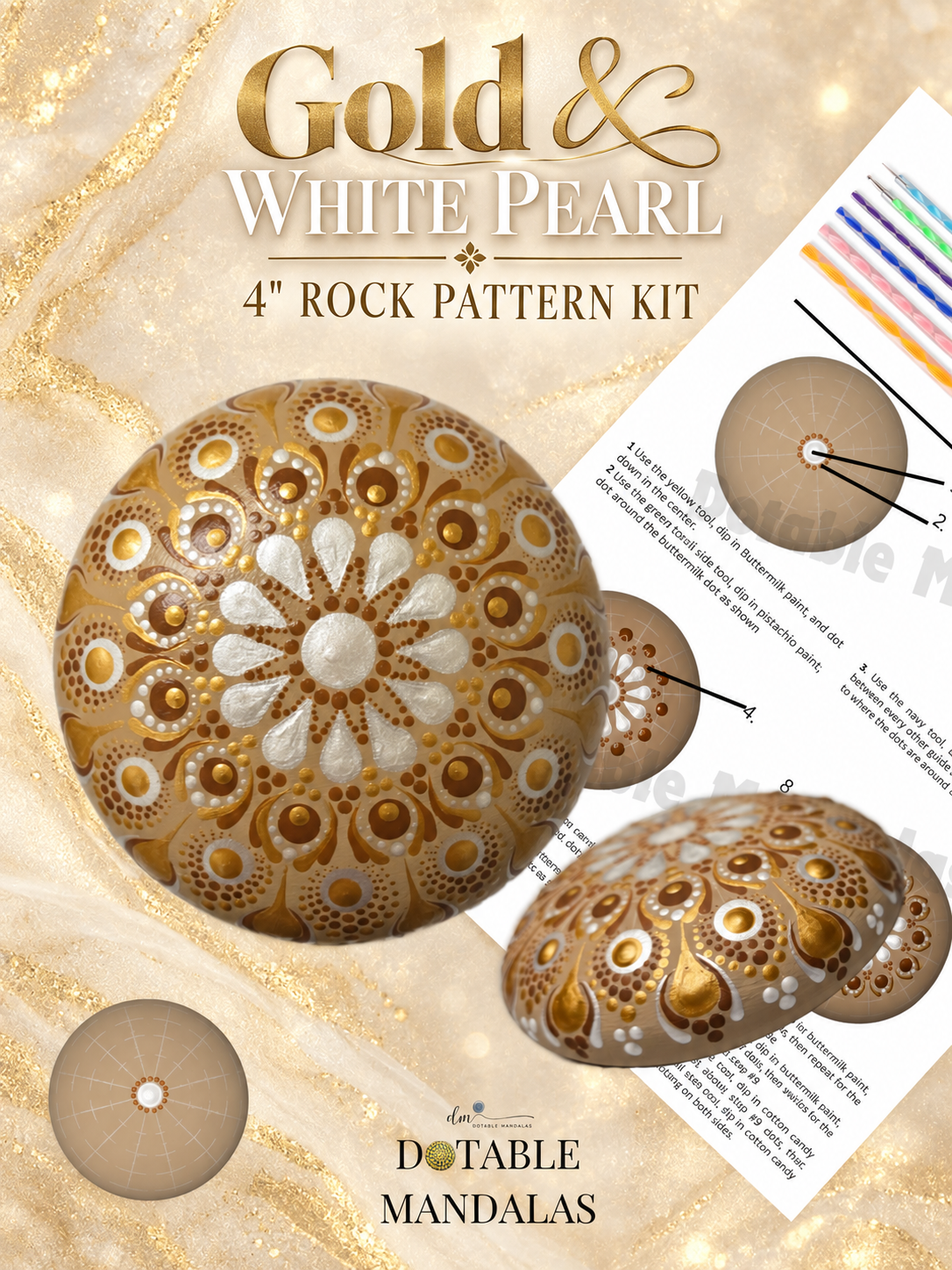Gold & White Pearl 4" Rock Dot-Painting Pattern Kit