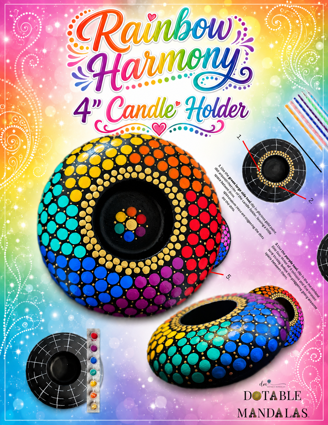 Rainbow Harmony 4" Candle Holder Dot-Painting Pattern Kit