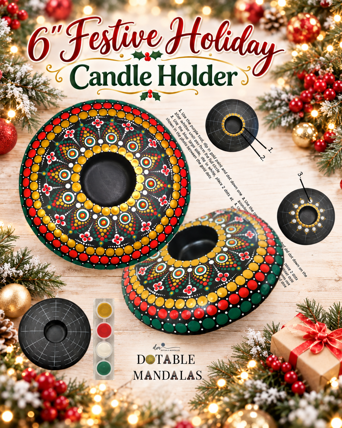 Festive Holiday 6" Candle Holder Dot-Painting Pattern Kit