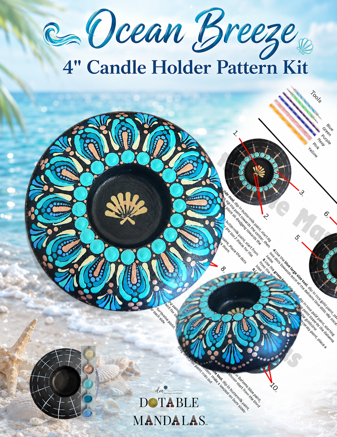 Ocean Breeze 4" Candle Holder Dot-Painting Pattern Kit