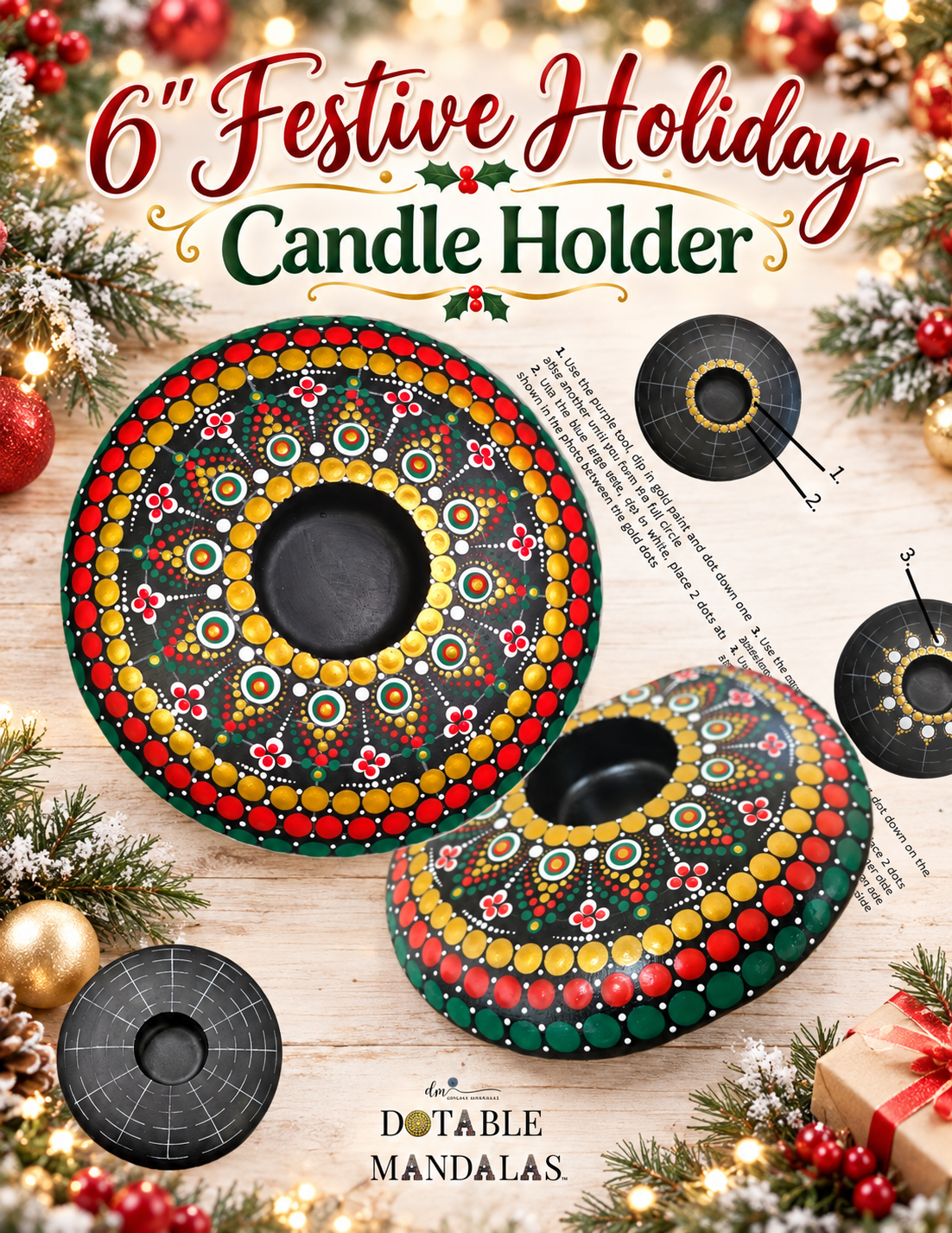 Festive Holiday 6" Candle Holder Dot-Painting Pattern Kit
