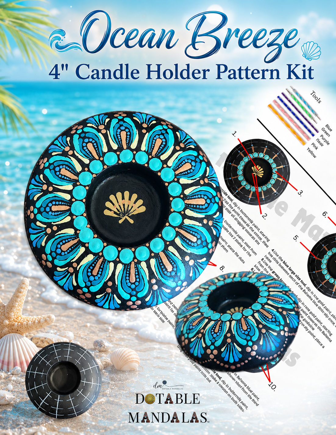 Ocean Breeze 4" Candle Holder Dot-Painting Pattern Kit
